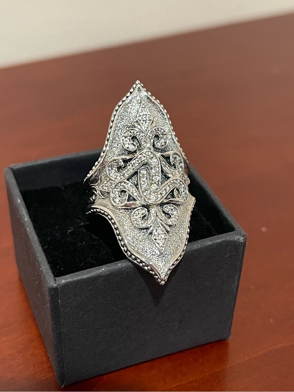 Scott Kay Sterling Silver & Diamonique North South Shield Fleur-de-Lis Ring Sz 7